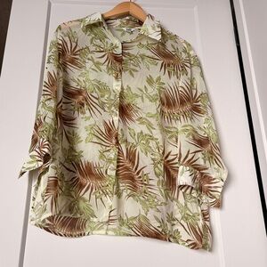 Tabi Tropical Floral Button Blouse Green Cream Brown Lightweight 3/4 Sleeve | L